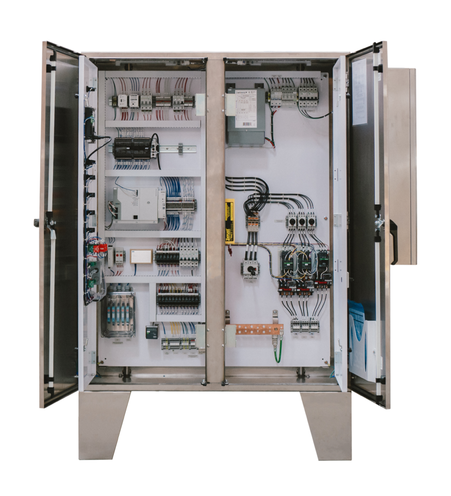 Custom control panel with front doors open, showing deadfront door.