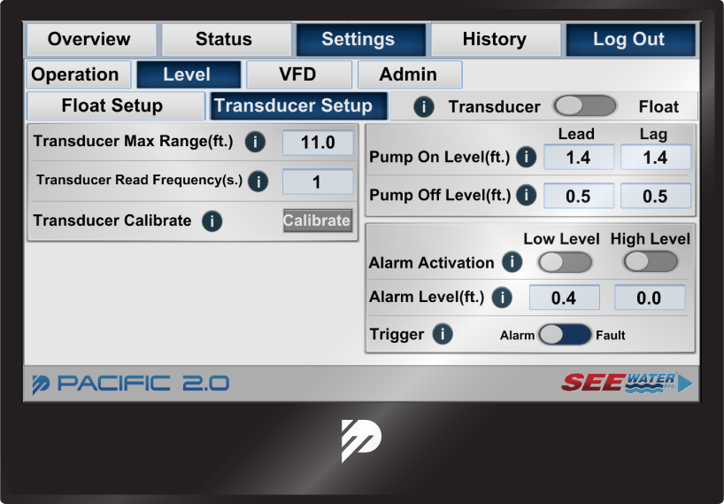 HMI screen of Pacific 2.0 settings screen.