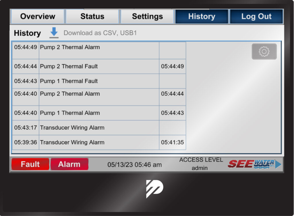 see water hydra hmi screens 03 alarm fault history
